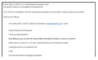 Email reply from Nusaybah rating the course 10