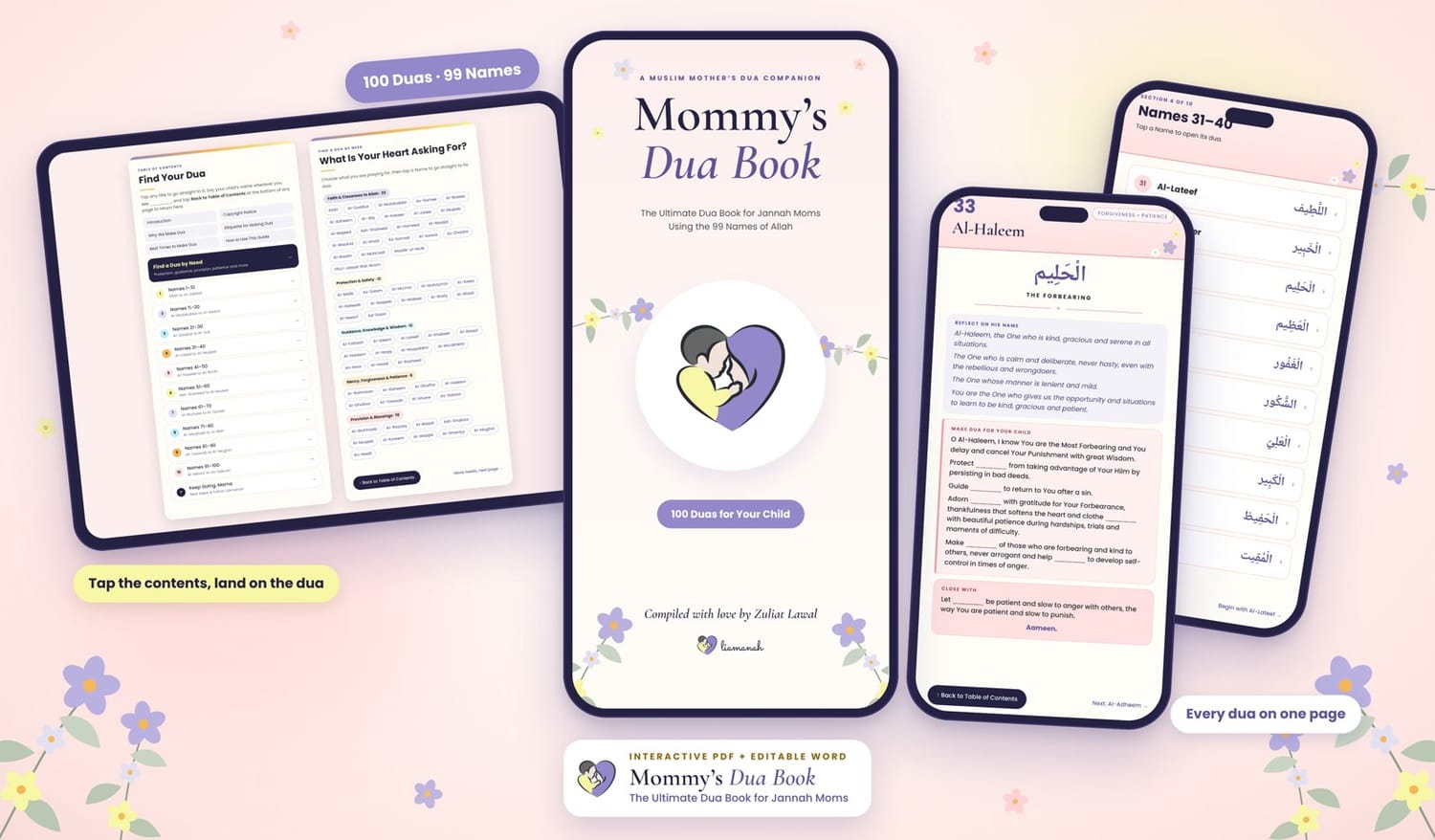 Mommy's Dua Book open on a tablet and phones