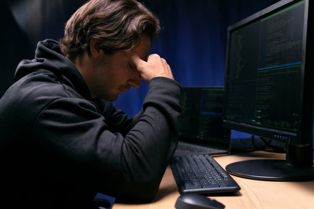 Exhausted system administrator at night in front of screens showing server logs, illustrating the burden of running an unmanaged dedicated Linux server