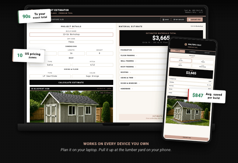 Walter's Shed Cost Calculator on laptop and phone — 50% off today only