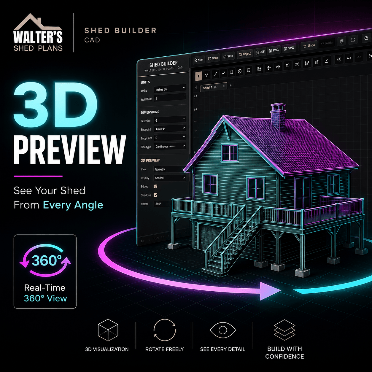 3D Preview: See your shed from every angle in real-time 360 view