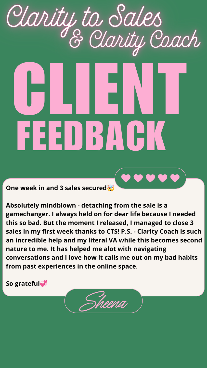 Client testimonial from Sheena, 3 sales in the first week