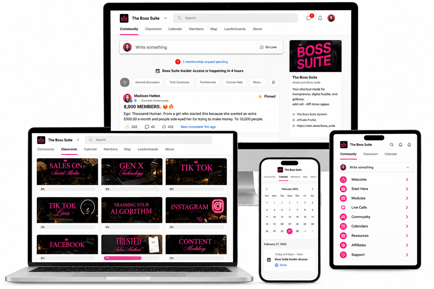 The Boss Suite dashboard on desktop, tablet, and mobile