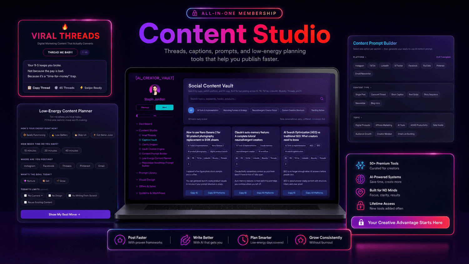 Launch planning mockup for AI Creator Vault including launch, pricing and focus tools