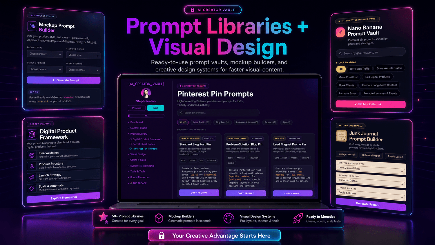 Prompt libraries and visual design mockup for AI Creator Vault