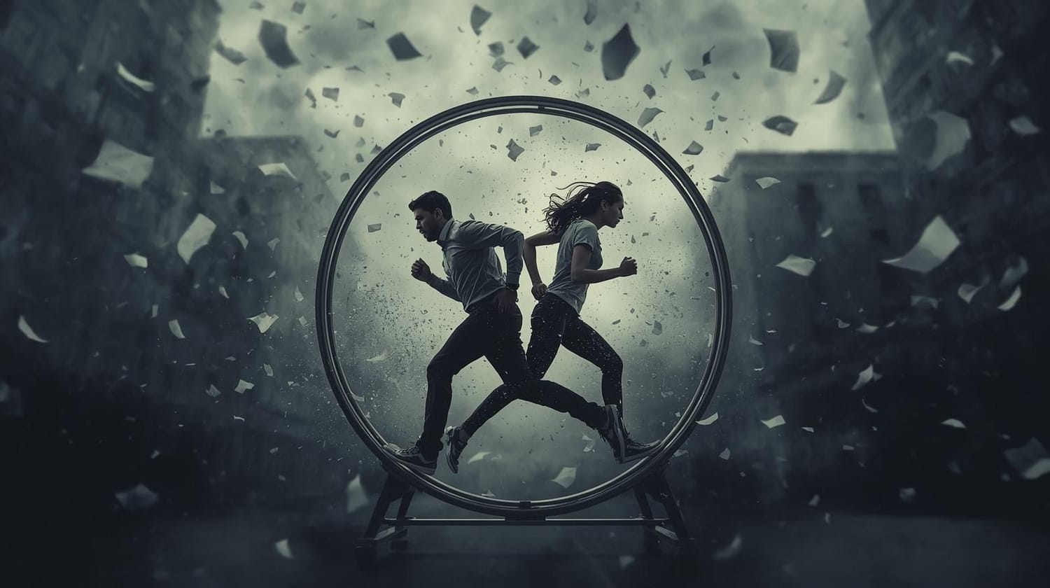 alt="Le cercle infernal de la vie moderne : une course interminable dans la roue du hamster."