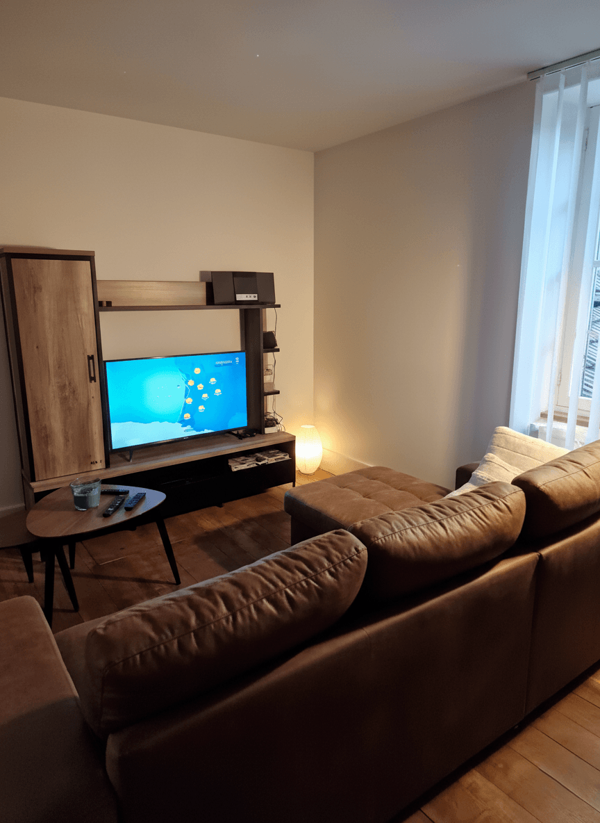 Chambre double lumineuse avec poutres apparentes.