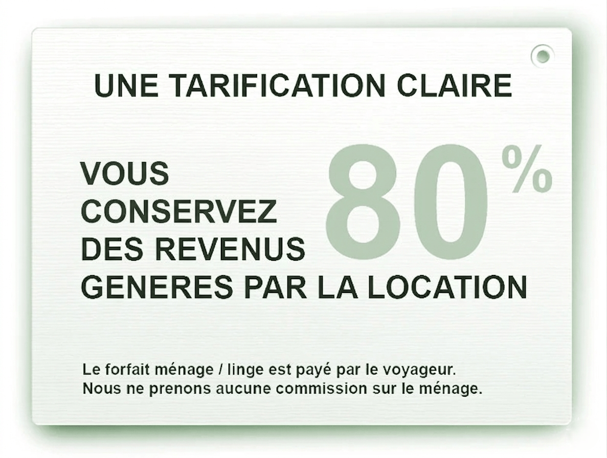 80 %  des revenus générés par la location sont reversés au propriétaire - aucune commission sur le ménage - forfait ménage payé par le voyageur