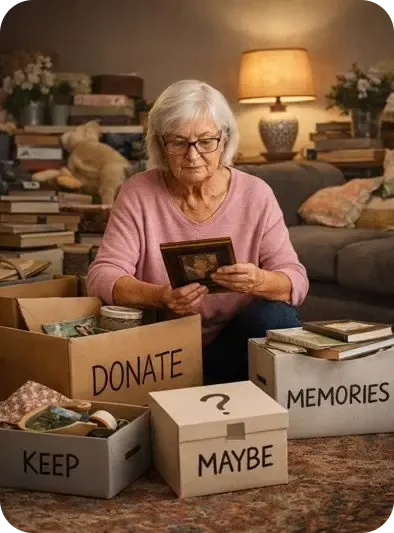 Senior decluttering her home feeling nostalgic but positive