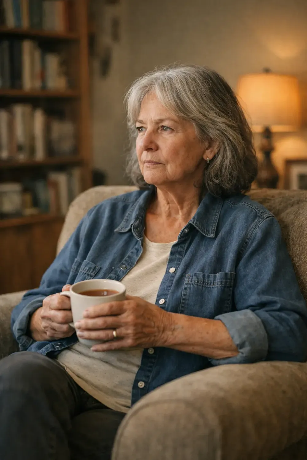 Woman holding tea, finding calm after 60