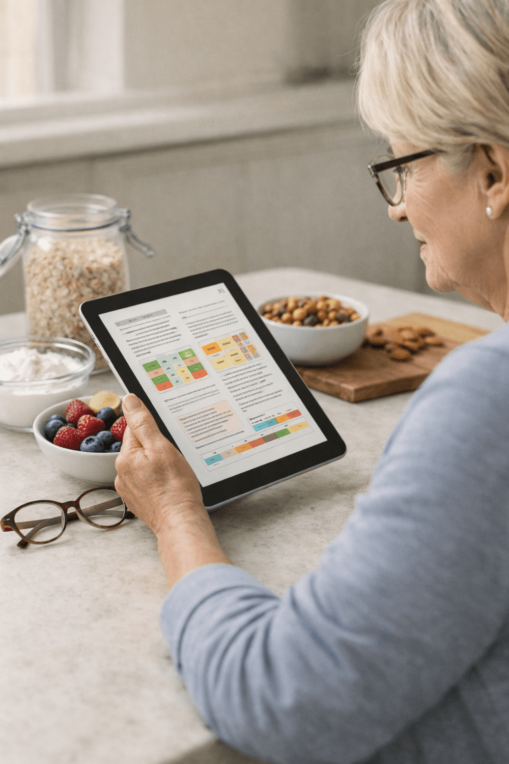 Senior reading the nutrition guide in a warm kitchen setting