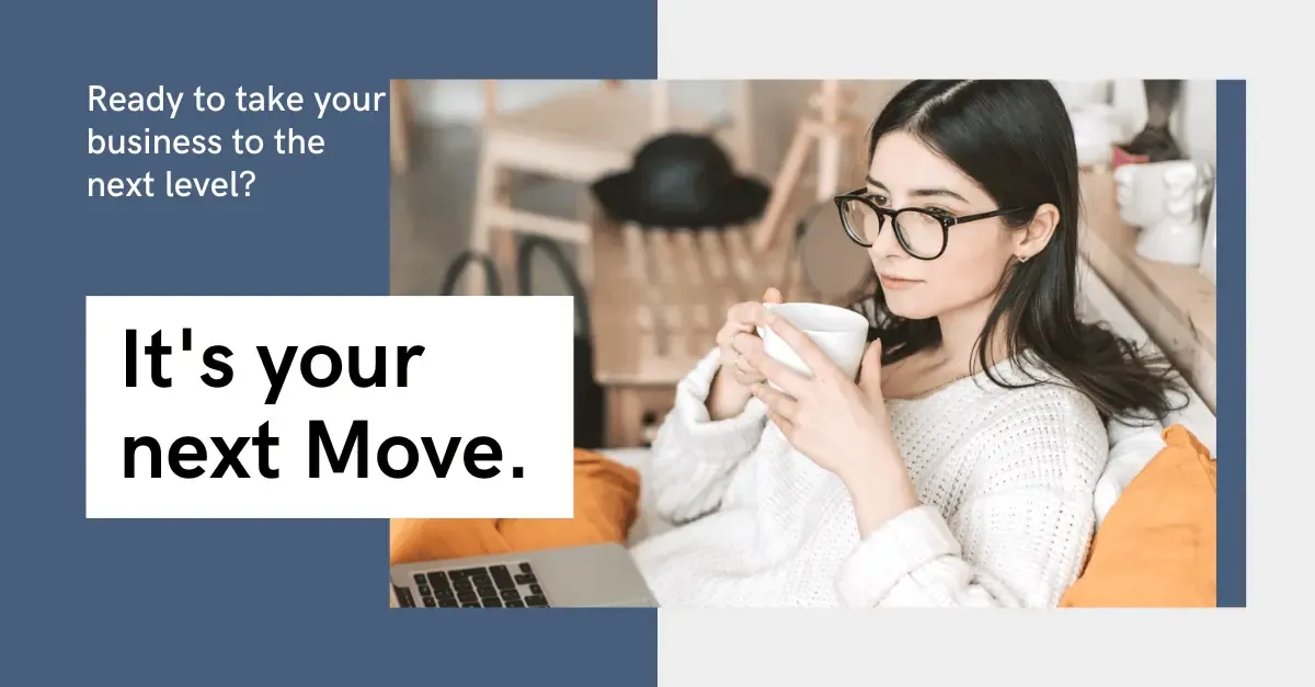 Promotional graphic featuring a professional woman with the text "Ready to take your business to the next level?", highlighting expert business growth consulting.