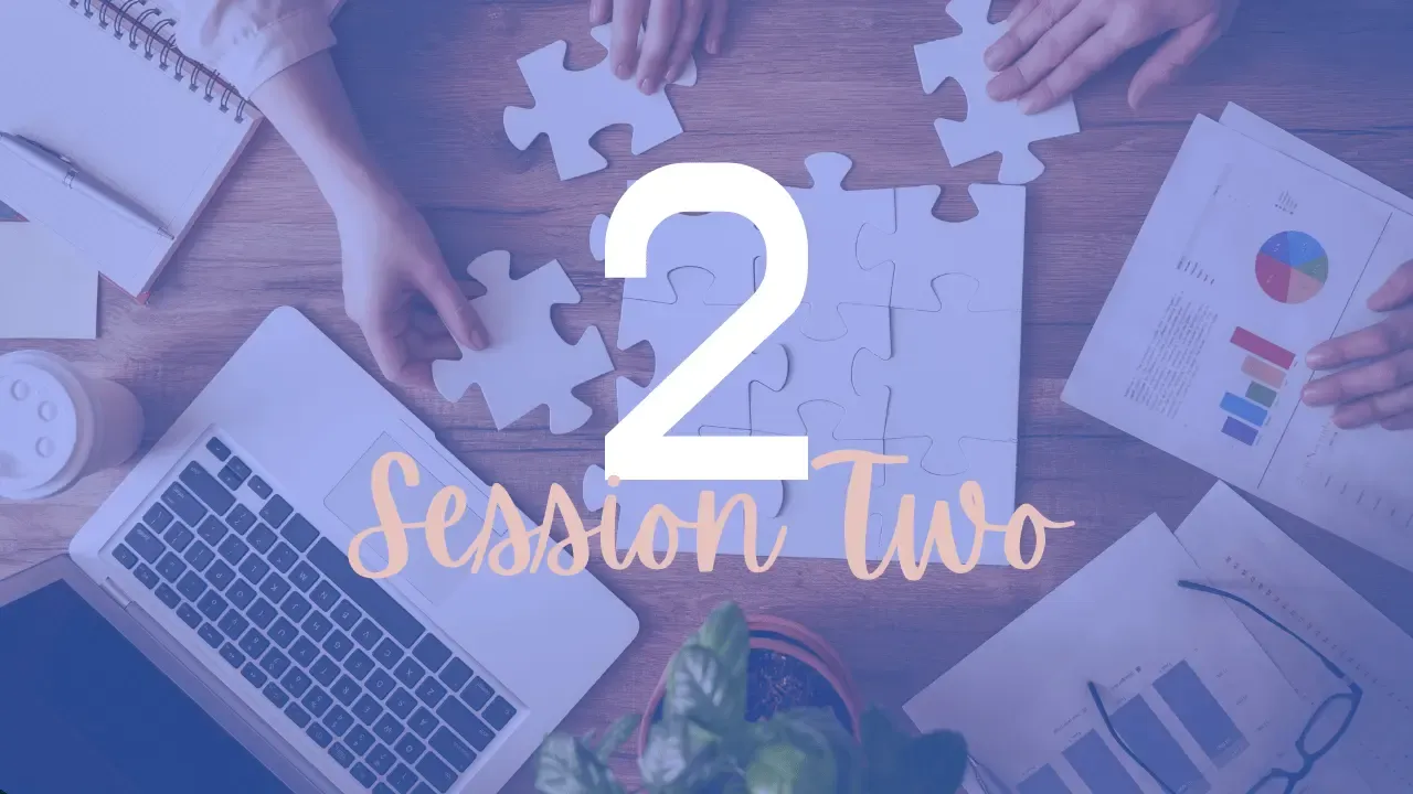 Blue-tinted top-down view of a team assembling puzzle pieces with "Session Two" text, representing collaborative development of business growth strategies.