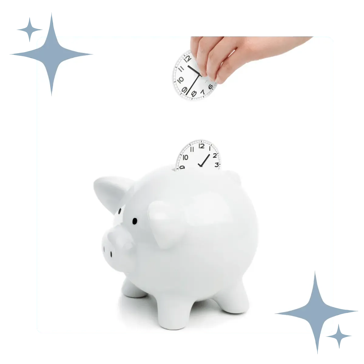 Graphic showing a hand placing a clock face into a white piggy bank, symbolizing the time-saving benefits of professional business growth strategies.