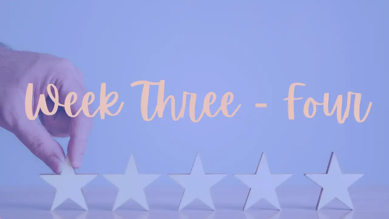 Blue-tinted image of a hand placing the final star in a row of five, with "Week Three - Four" text, marking the refinement stage of business growth strategies.
