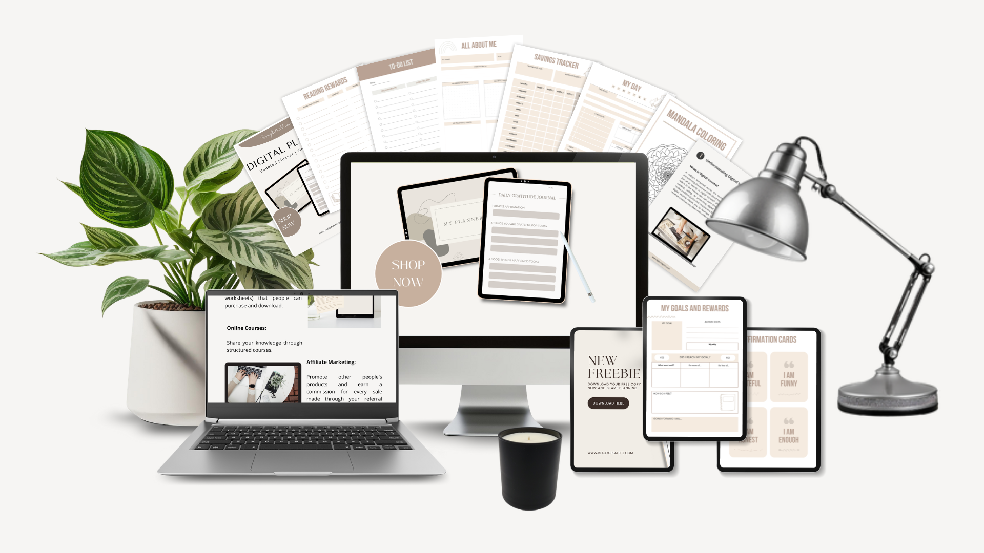 Digital product ideas including planners, journals, trackers, cards, to resell as your own
