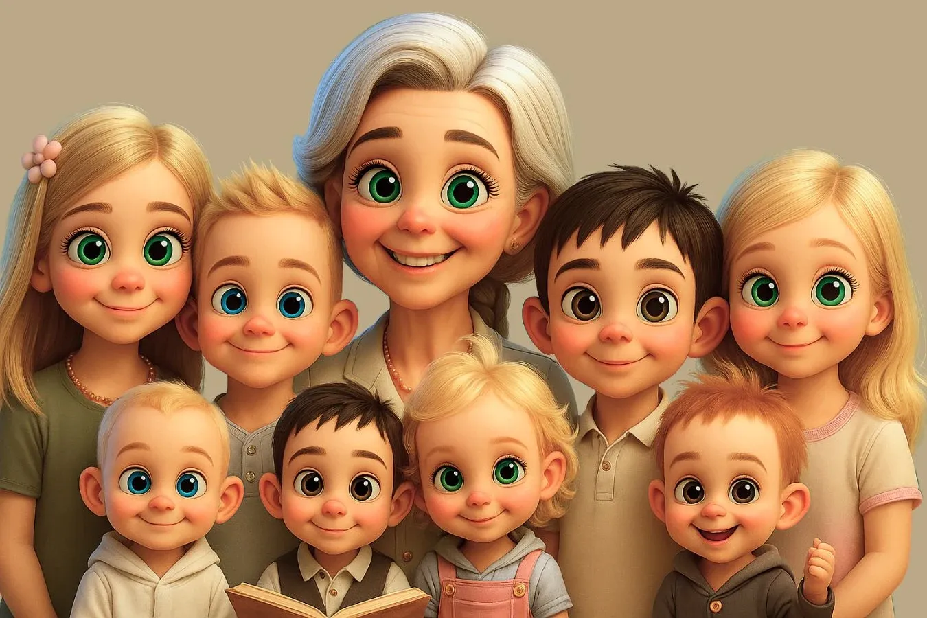 Grandmother surrounded by smiling grandchildren for Story Corner