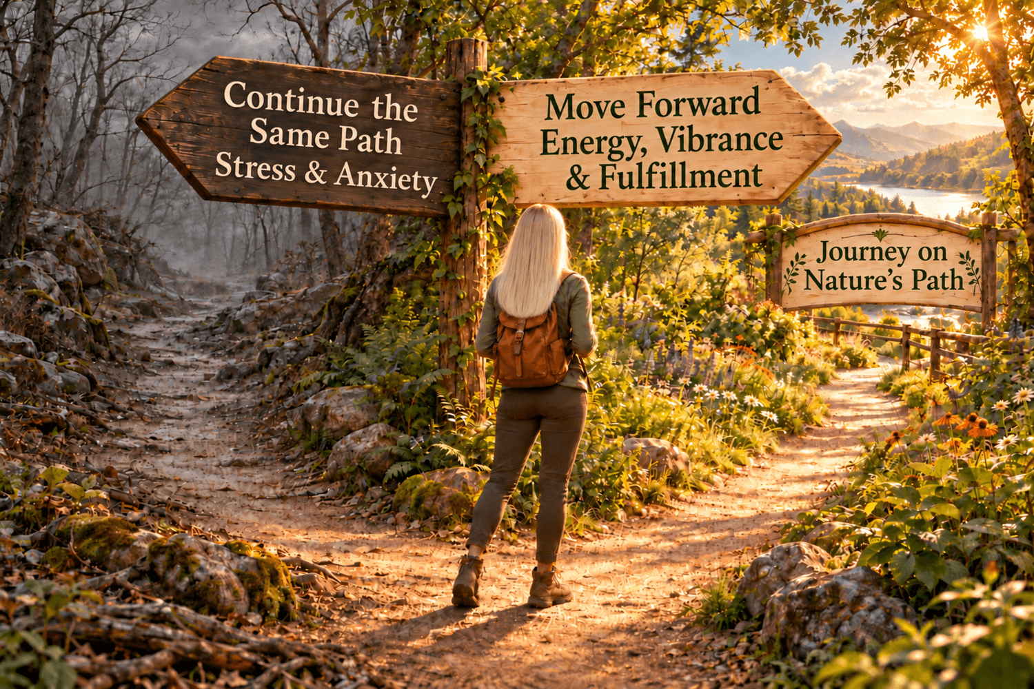 A blonde traveler chooses between a dreary path of stress and anxiety and a sunlit path toward energy, vibrance and fulfillment with Journey on Nature’s Path.