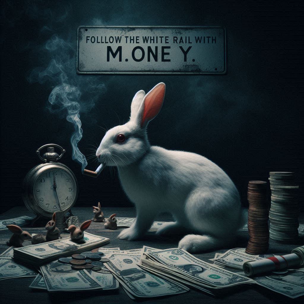 Smoking White Rabbit standing in money