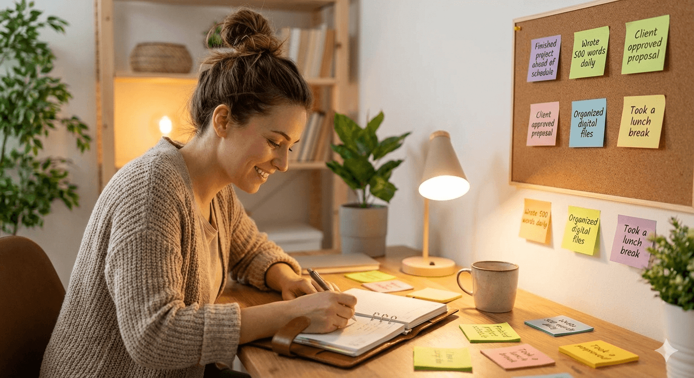 Woman reflecting on business achievements and writing 2025 wins in a notebook