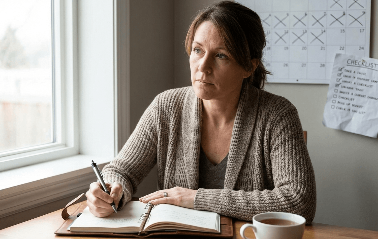 Woman reviewing past business challenges and lessons learned in her journal
