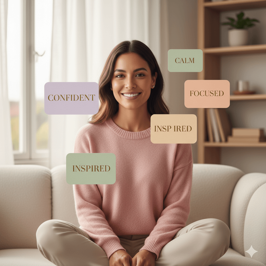 Mood cards showing confident, calm, and inspired for 2026 side hustle planning