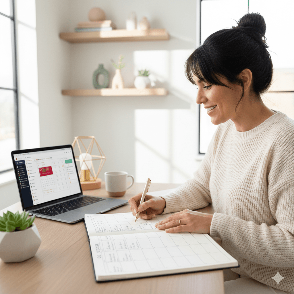 Woman prioritizing Q1 2026 side hustle goals in her planner