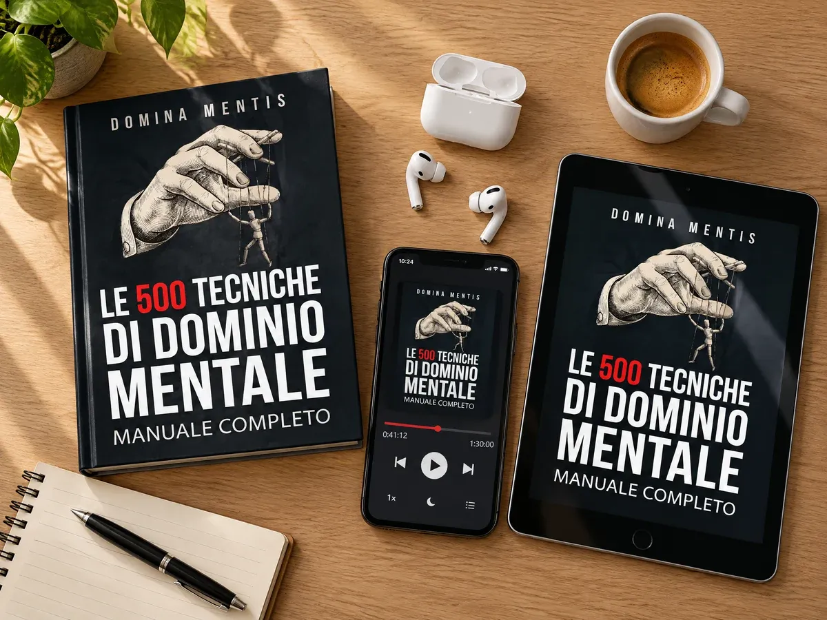 Il manuale, il tablet e l'audiolibro sul telefono, sulla scrivania