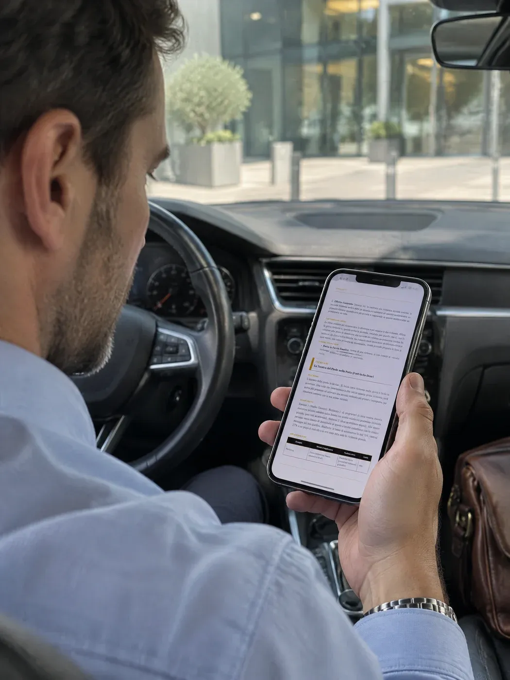 Il manuale sul telefono, in auto prima di una riunione