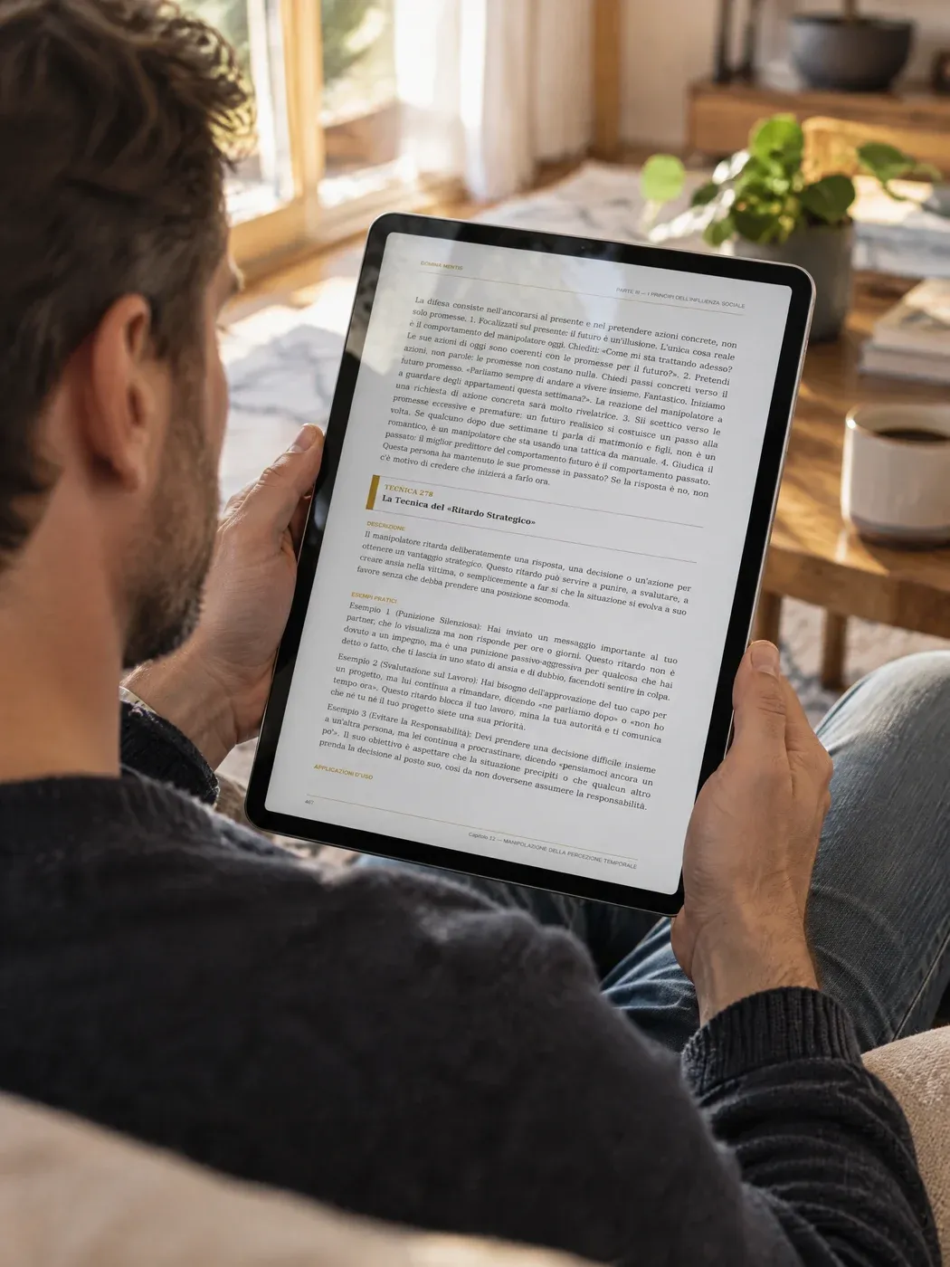 Lettura del manuale sul tablet, sul divano