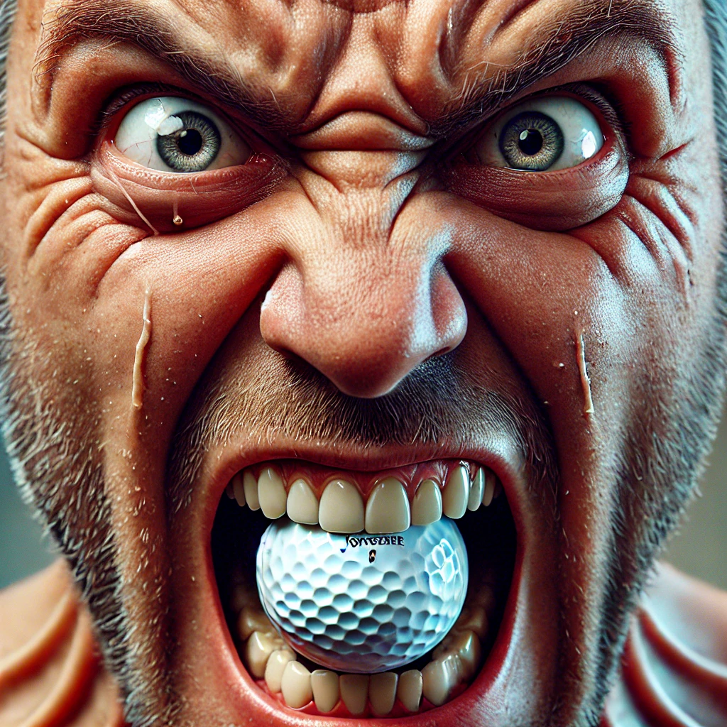 Visuele metafoor van golfwoede: man bijt gefrustreerd op golfbal als illustratie van mentale stress op de golfbaan