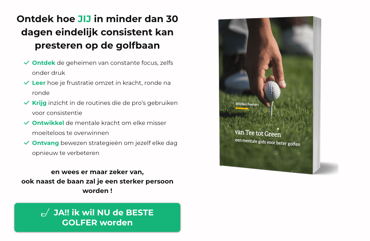 Screenshot van de e-book funnelpagina ‘Van Tee tot Green’ met beloftes voor golfers en inschrijfknop voor directe toegang