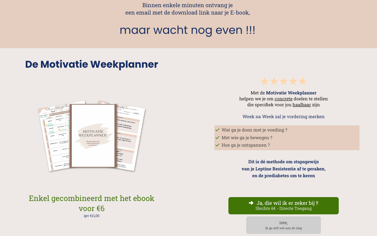 Voorbeeld van een funnel-upsellpagina voor het leptineresistentie e-book met aanbieding van de Motivatie Weekplanner aan €6