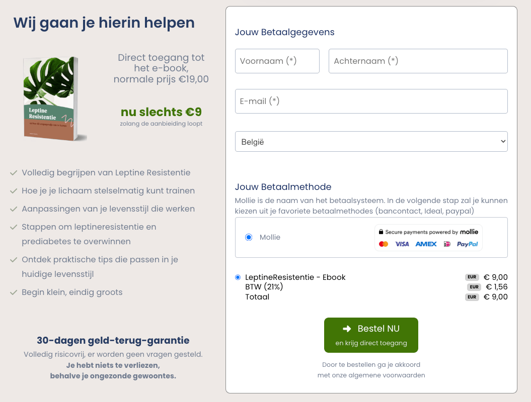 Voorbeeld van een systeme.io checkoutpagina voor het e-book over leptineresistentie, met kortingsactie en integratie van Mollie-betalingen