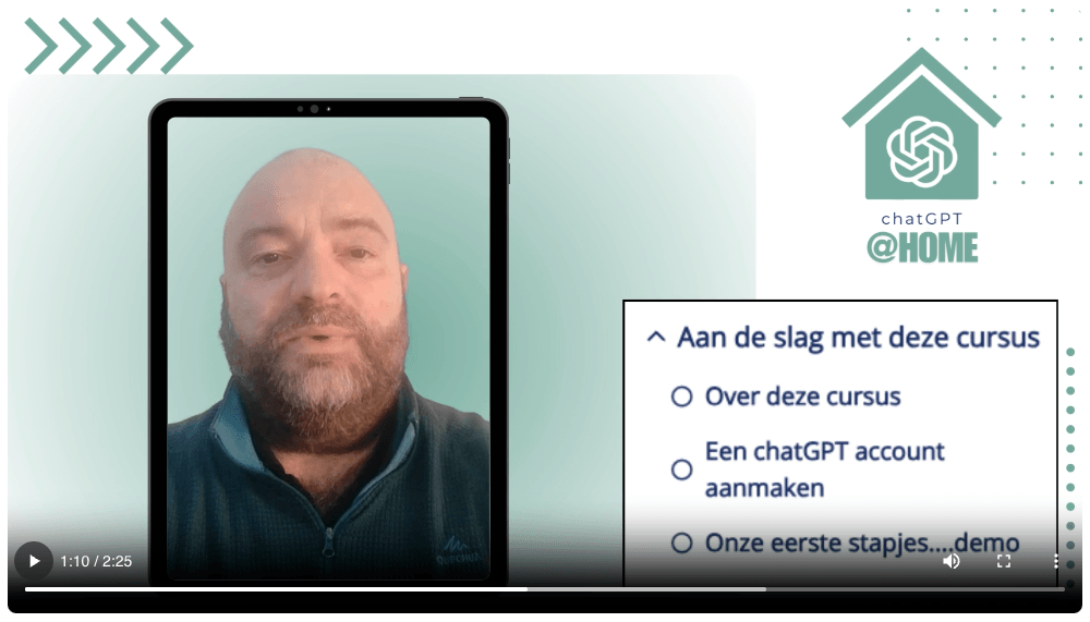 Screenshot van de introductievideo op de homepage van de chatGPT@Home cursus met Peter Willems en lesoverzicht