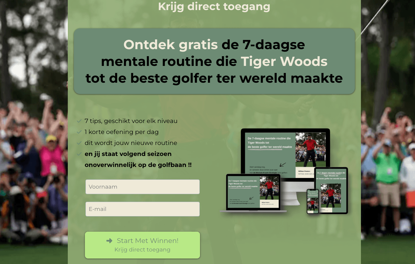 Screenshot van de opt-inpagina voor de gratis 7-daagse mentale golfroutine van Van Tee tot Green, met formulier voor leadgeneratie