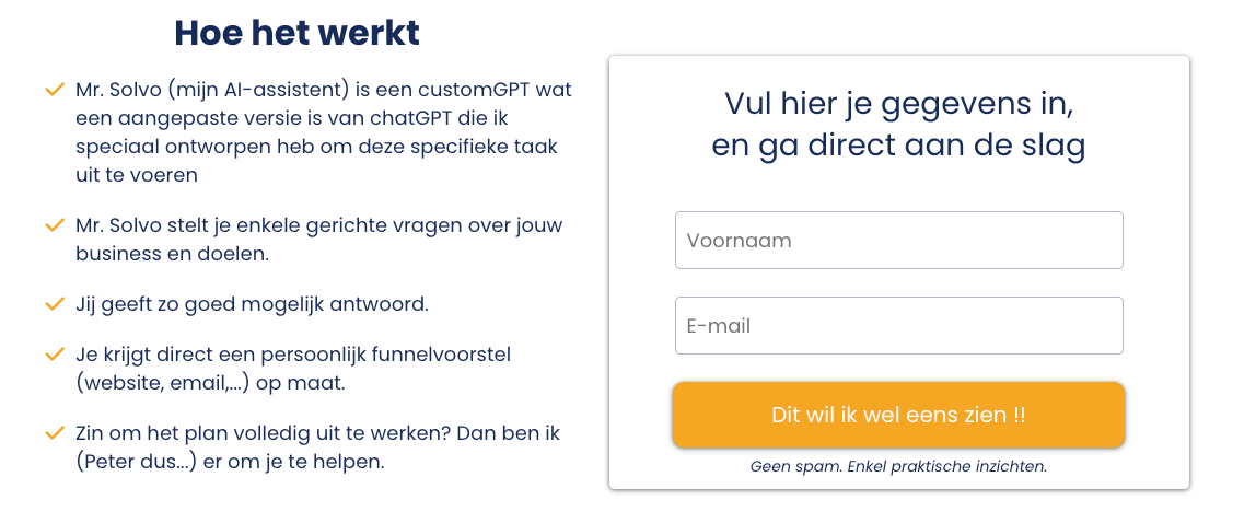 Screenshot van opt-informulier voor de gratis digitale AI-assistent ‘Mr. Solvo’, met uitleg over het gepersonaliseerde funnelvoorstel