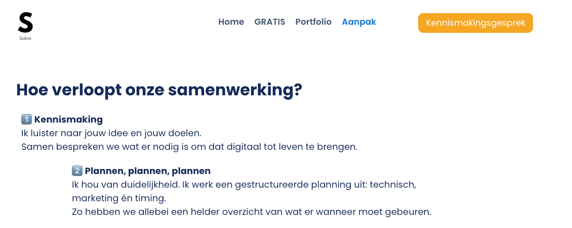 Screenshot van de pagina ‘Aanpak’ op de Solvo-website met uitleg over kennismaking en planning bij samenwerking