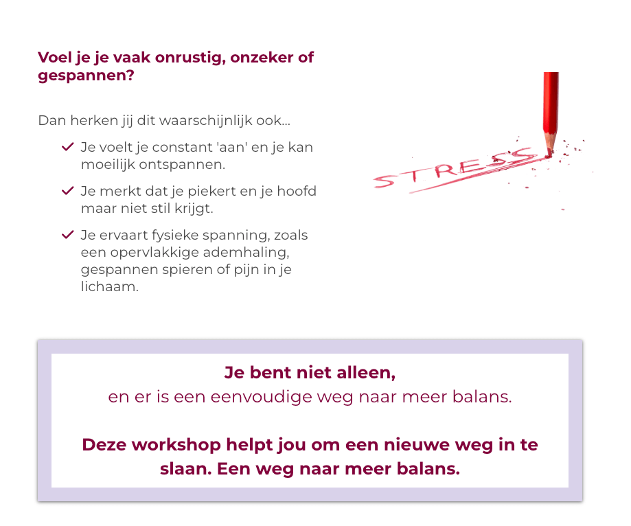 Voorbeeldtekst uit de gratis bodyscan-workshop voor mensen die zich onrustig of gespannen voelen, met geruststellende boodschap en call-to-action