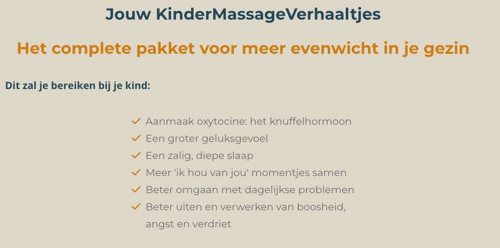 Screenshot van de landingspagina van het pakket KinderMassageVerhaaltjes met opsomming van effecten voor kinderen en gezinnen