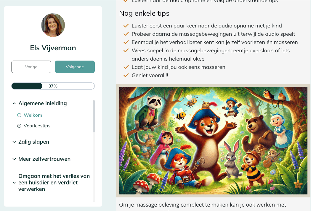 Screenshot van de leeromgeving van Kindermassageverhalen met visuele weergave van de verhalenmodules in de cursus voor ouders en kinderen