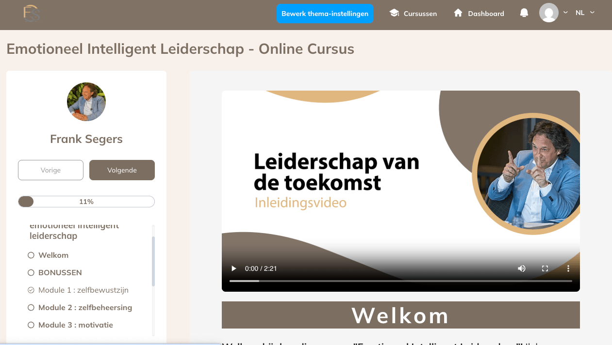 Digitale leeromgeving van de cursus 'Emotioneel Intelligente Leiderschap' van Frank Segers in systeme.io