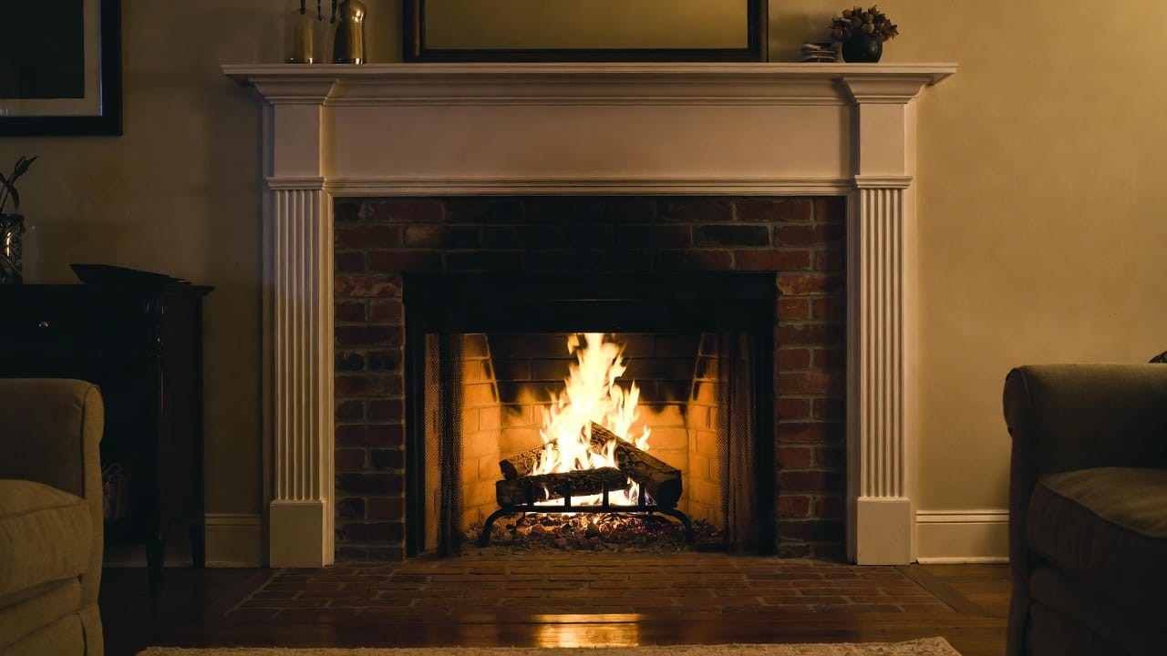 Beautiful traditional fireplace with warm fire burning in cozy living room
