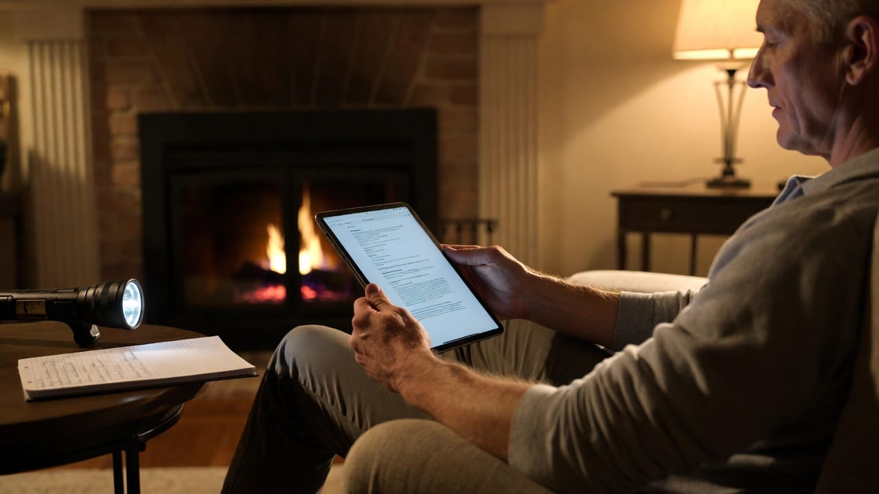 Homeowner reading guide near fireplace, confident