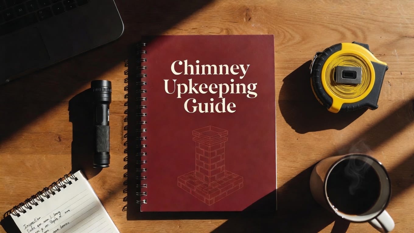 Chimney Upkeeping Guide with inspection tools laid out on wooden desk