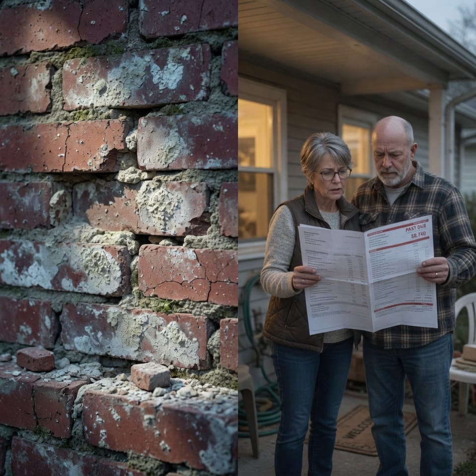Split image: chimney deterioration close-up on left, concerned homeowner on right
