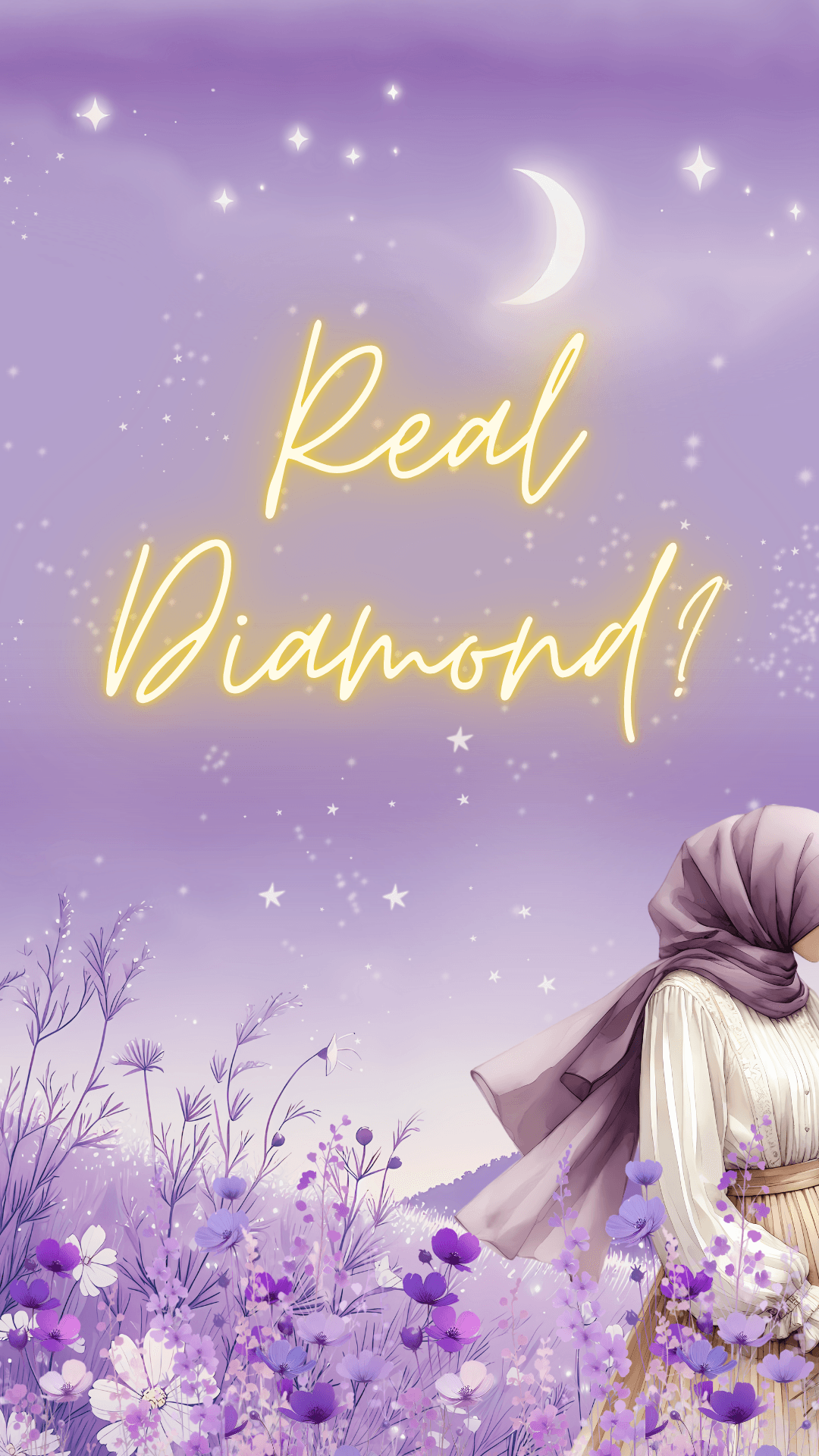 Illustration d’une femme voilée parmi des fleurs violettes, sous un croissant de lune, avec le texte « Real Diamond! »