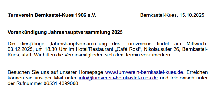 Vorankündigung Jahreshauptversammlung 2025