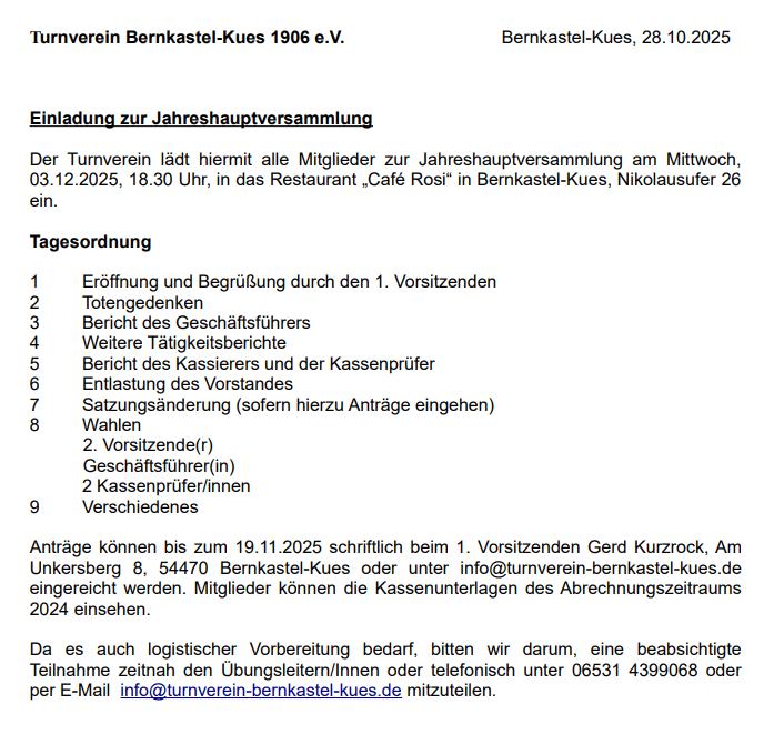 Einladung zur Jahreshauptversammlung