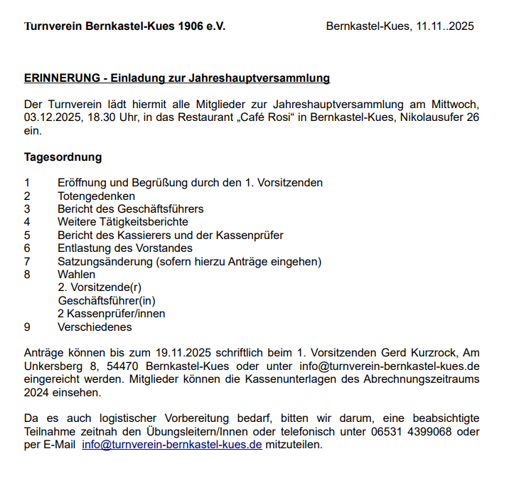 ERINNERUNG - Einladung zur Jahreshauptversammlung